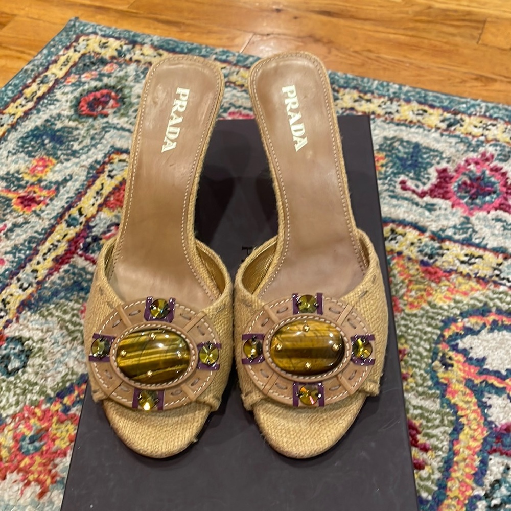 Prada Tan Khaki Linen Wedges with Stones Size 38